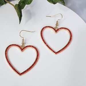 Gold with Red Crystal Stones Heart Drop Earrings  Her